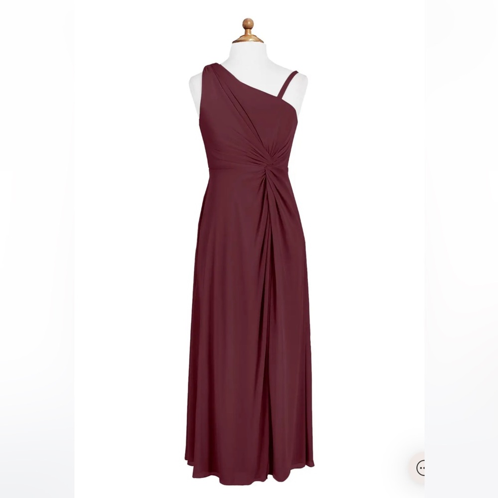 Azazie Brooke Junior Burgundy A-Line Pleated Mesh Dress